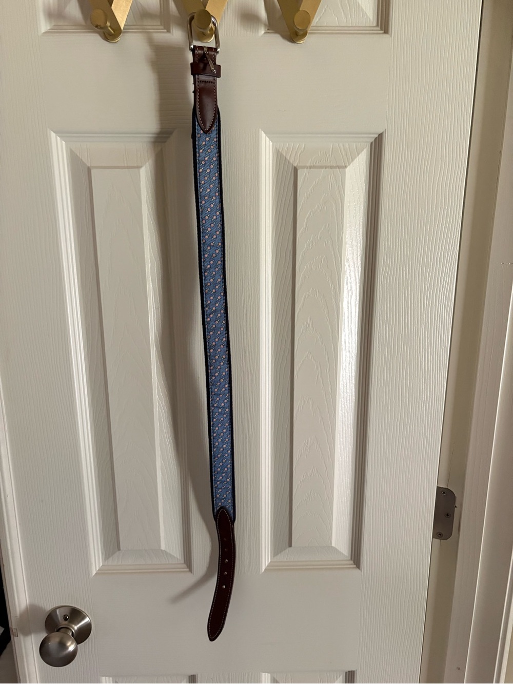Vineyard Vines Blue Lacrosse Stick Patterned Belt with Brown Leather Ends